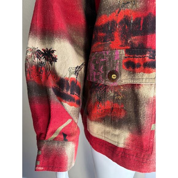 Vintage Oleg Cassini Safari Jacket Giraffe Palm Tree Desert Sunset Women Medium - Picture 3 of 6